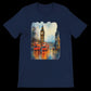 Navy travel shirt with Big Ben and red double-decker buses graphic.