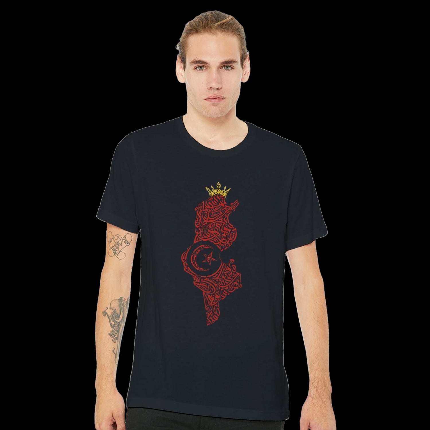 Minimalist black t-shirt with Tunisia map in intricate Arabic script. Art-inspired apparel made from breathable cotton with tailored unisex fit. Ideal for urban fashion outfits, cultural expression, and print-on-demand collections.