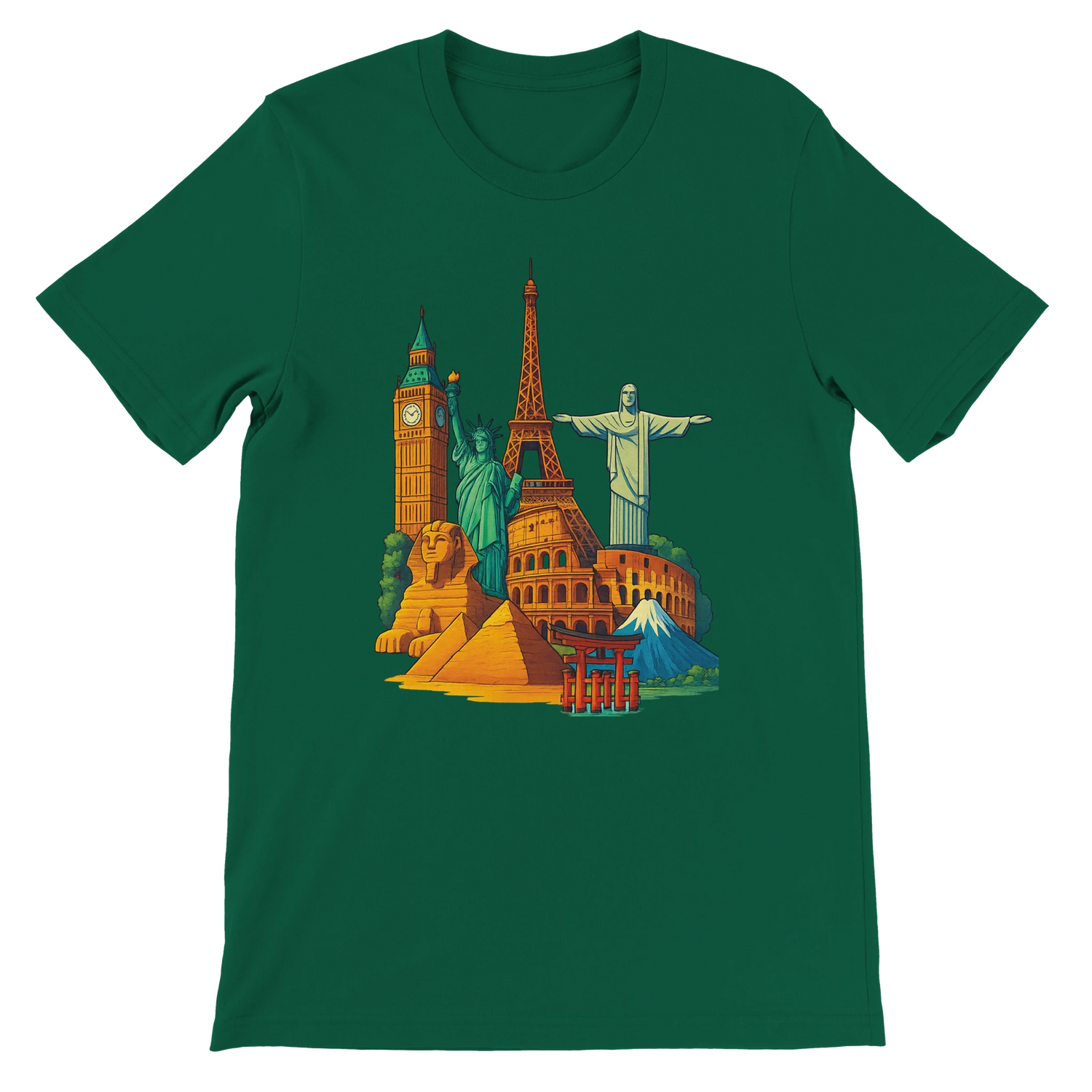 Evergreen Famous Landmarks Animated Style T-Shirt showcasing animated artwork of world famous monuments in a travel inspired design made from sustainable premium cotton for adventurers and streetwear fans with a comfortable unisex cut ideal for casual tourism inspired wear