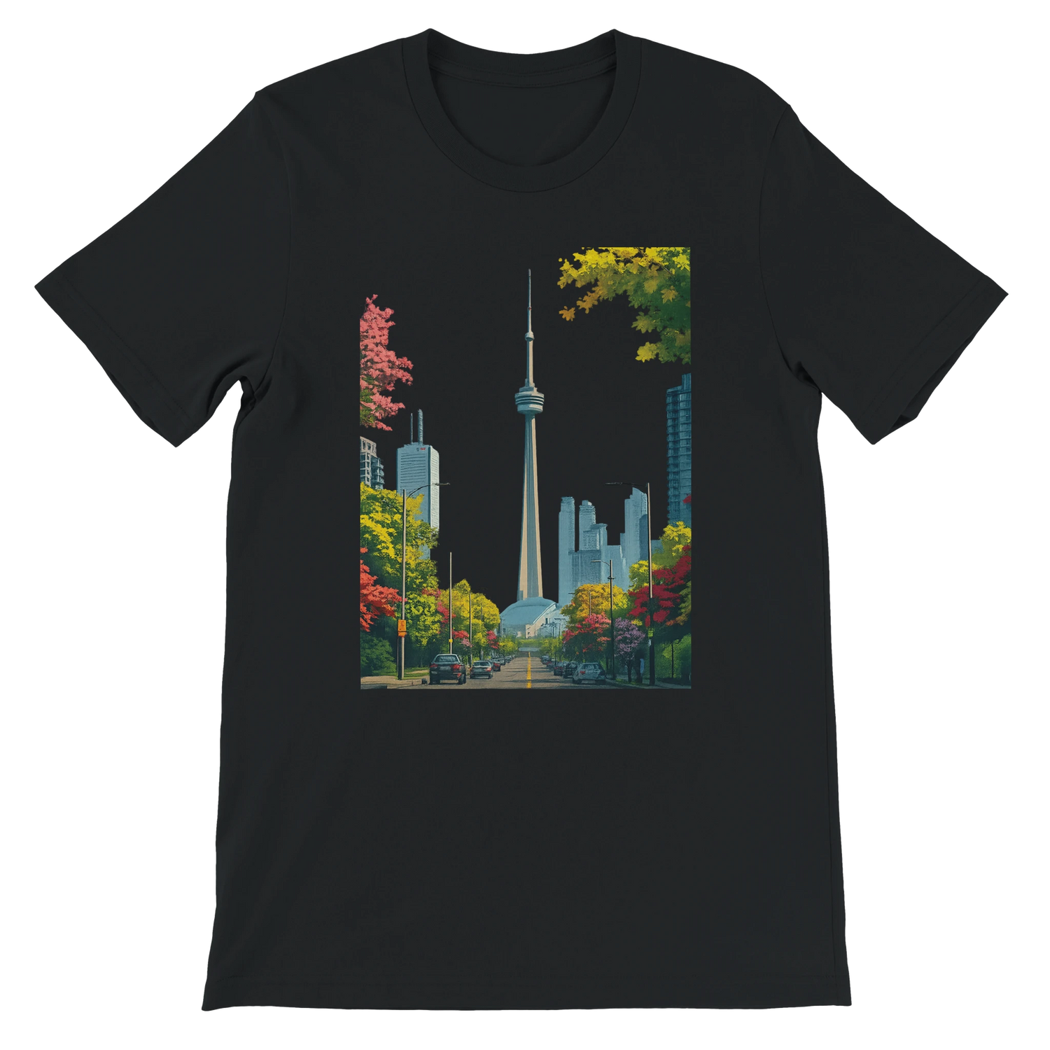 Black Toronto skyline t shirt with animated CN Tower illustration and vibrant city art. Soft premium cotton unisex streetwear top for travelers, explorers, and landmark lovers. Eco friendly DTG printed tee perfect for casual urban outfits.