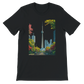 Black Toronto skyline t shirt with animated CN Tower illustration and vibrant city art. Soft premium cotton unisex streetwear top for travelers, explorers, and landmark lovers. Eco friendly DTG printed tee perfect for casual urban outfits.