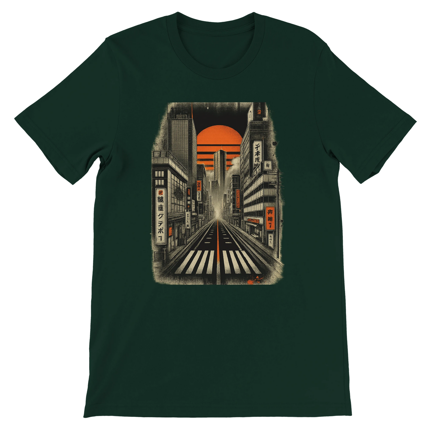 Forest green Tokyo Nights animated graphic tee with bold neon Japanese skyline artwork unisex premium cotton shirt eco friendly DTG printed design perfect for anime culture lovers travelers and Japanese street style fans