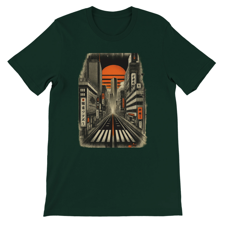 Forest green Tokyo Nights animated graphic tee with bold neon Japanese skyline artwork unisex premium cotton shirt eco friendly DTG printed design perfect for anime culture lovers travelers and Japanese street style fans