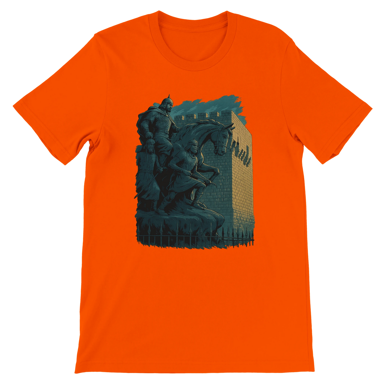 Orange cotton t-shirt with modern cartoon-style artwork of Salah Al Din statue in Syria. Travel-themed street fashion apparel made from soft 100 percent Airlume cotton. Eco-friendly DTG print ready unisex tee inspired by historical landmarks.