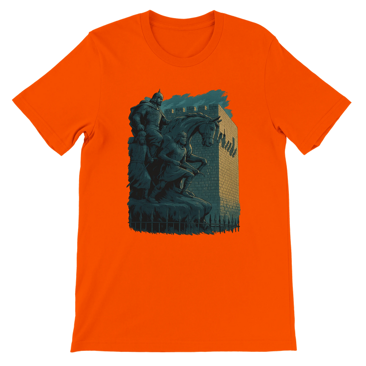 Orange cotton t-shirt with modern cartoon-style artwork of Salah Al Din statue in Syria. Travel-themed street fashion apparel made from soft 100 percent Airlume cotton. Eco-friendly DTG print ready unisex tee inspired by historical landmarks.