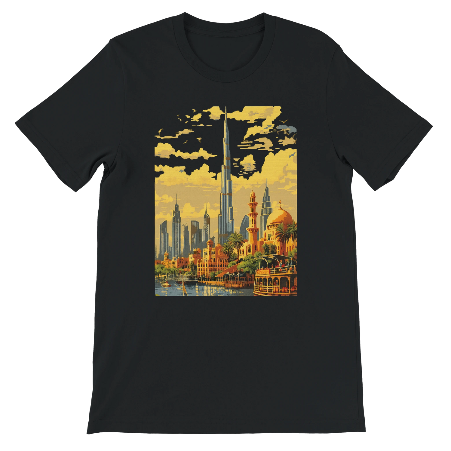 Black Burj Khalifa Dubai animated city landmark t shirt with colorful skyline illustration for global travel lovers architecture admirers and modern streetwear fans soft cotton unisex tee perfect for casual urban outfits and print on demand fashion collections