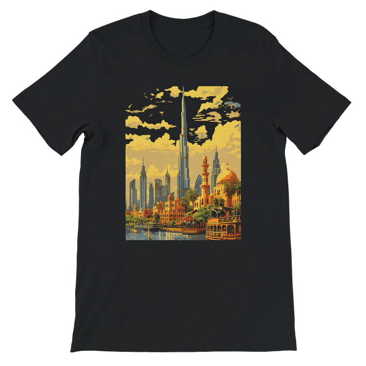 Black Burj Khalifa Dubai animated city landmark t shirt with colorful skyline illustration for global travel lovers architecture admirers and modern streetwear fans soft cotton unisex tee perfect for casual urban outfits and print on demand fashion collections