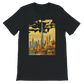 Black Burj Khalifa Dubai animated city landmark t shirt with colorful skyline illustration for global travel lovers architecture admirers and modern streetwear fans soft cotton unisex tee perfect for casual urban outfits and print on demand fashion collections