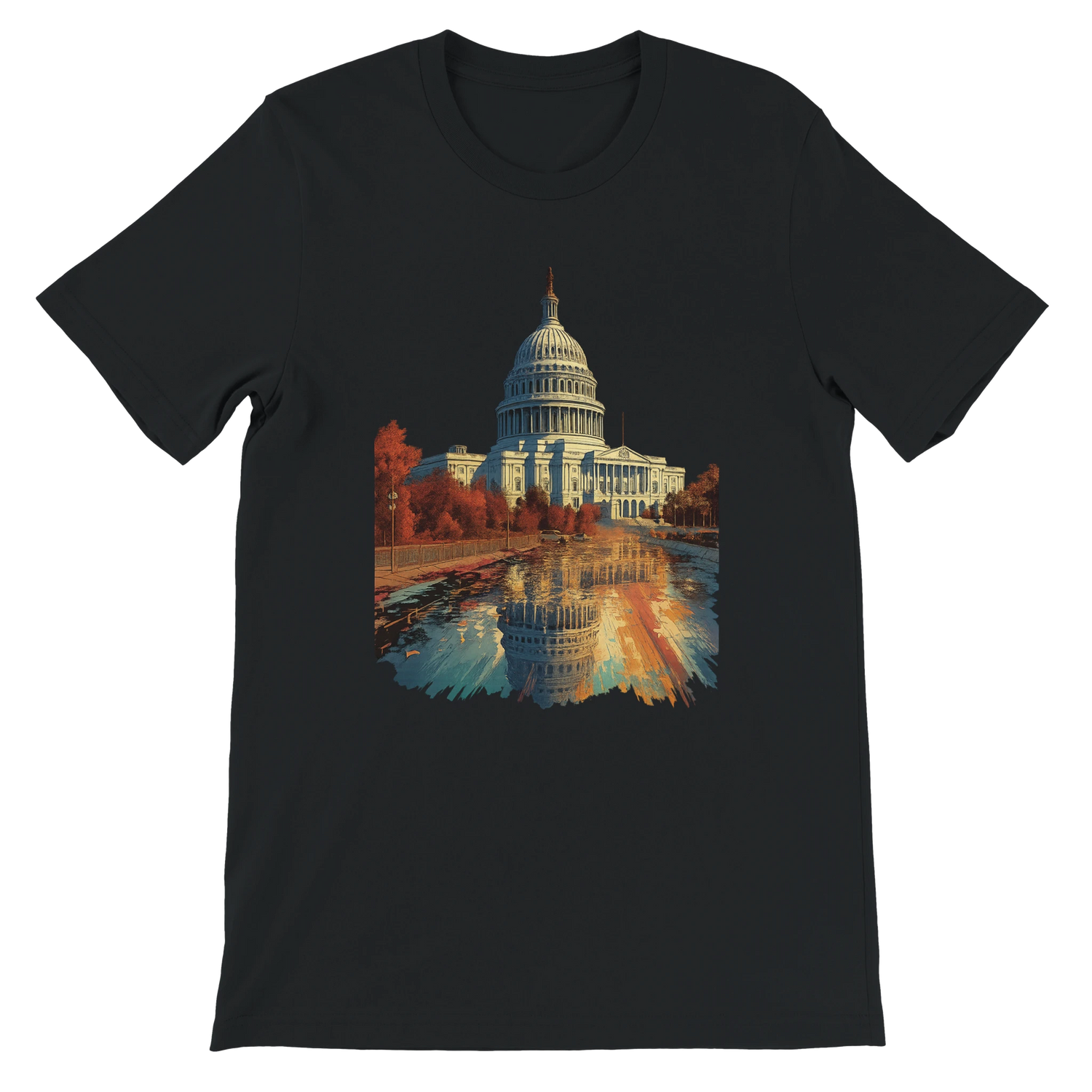 Black unisex cotton t-shirt with bold animated White House design from Washington DC. DTG printing optimized streetwear tee for travelers, creatives, and city culture fashion fans.