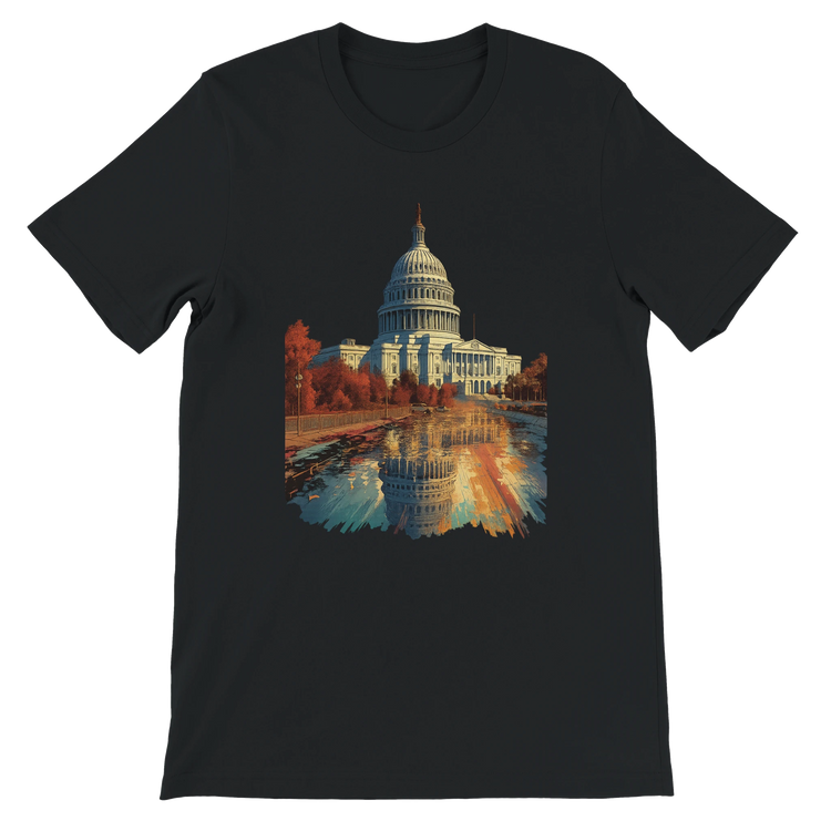 Black unisex cotton t-shirt with bold animated White House design from Washington DC. DTG printing optimized streetwear tee for travelers, creatives, and city culture fashion fans.