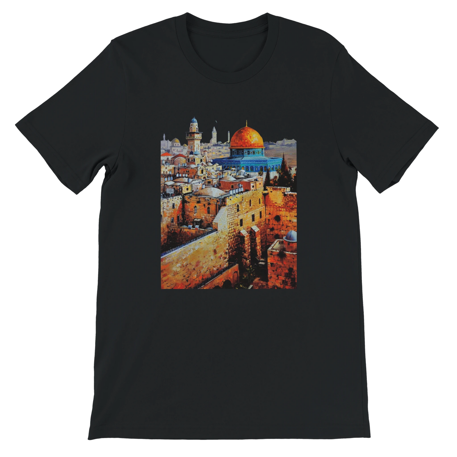 Black Al Aqsa Mosque animated landmark graphic tee with vibrant print on soft breathable cotton. Stylish unisex cultural heritage T-shirt for Islamic art lovers urban streetwear and travel fashion fans.