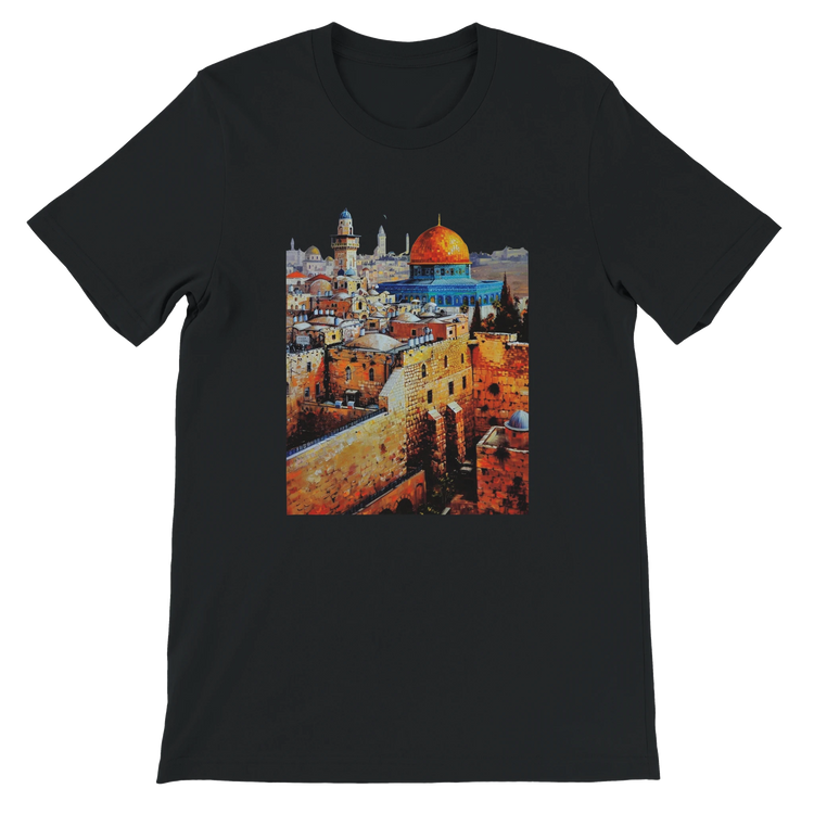 Black Al Aqsa Mosque animated landmark graphic tee with vibrant print on soft breathable cotton. Stylish unisex cultural heritage T-shirt for Islamic art lovers urban streetwear and travel fashion fans.