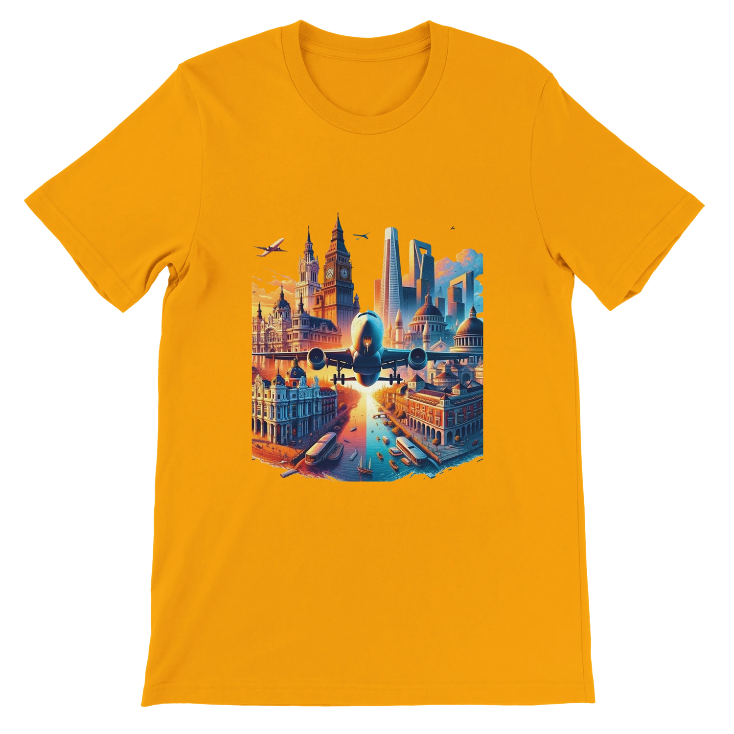 Gold unisex t-shirt showcasing colorful animated designs of world famous landmarks from Paris to Cairo. Premium travel graphic streetwear tee for global culture enthusiasts dreamers and adventure seekers who love unique artistic fashion.