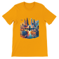 Gold unisex t-shirt showcasing colorful animated designs of world famous landmarks from Paris to Cairo. Premium travel graphic streetwear tee for global culture enthusiasts dreamers and adventure seekers who love unique artistic fashion.