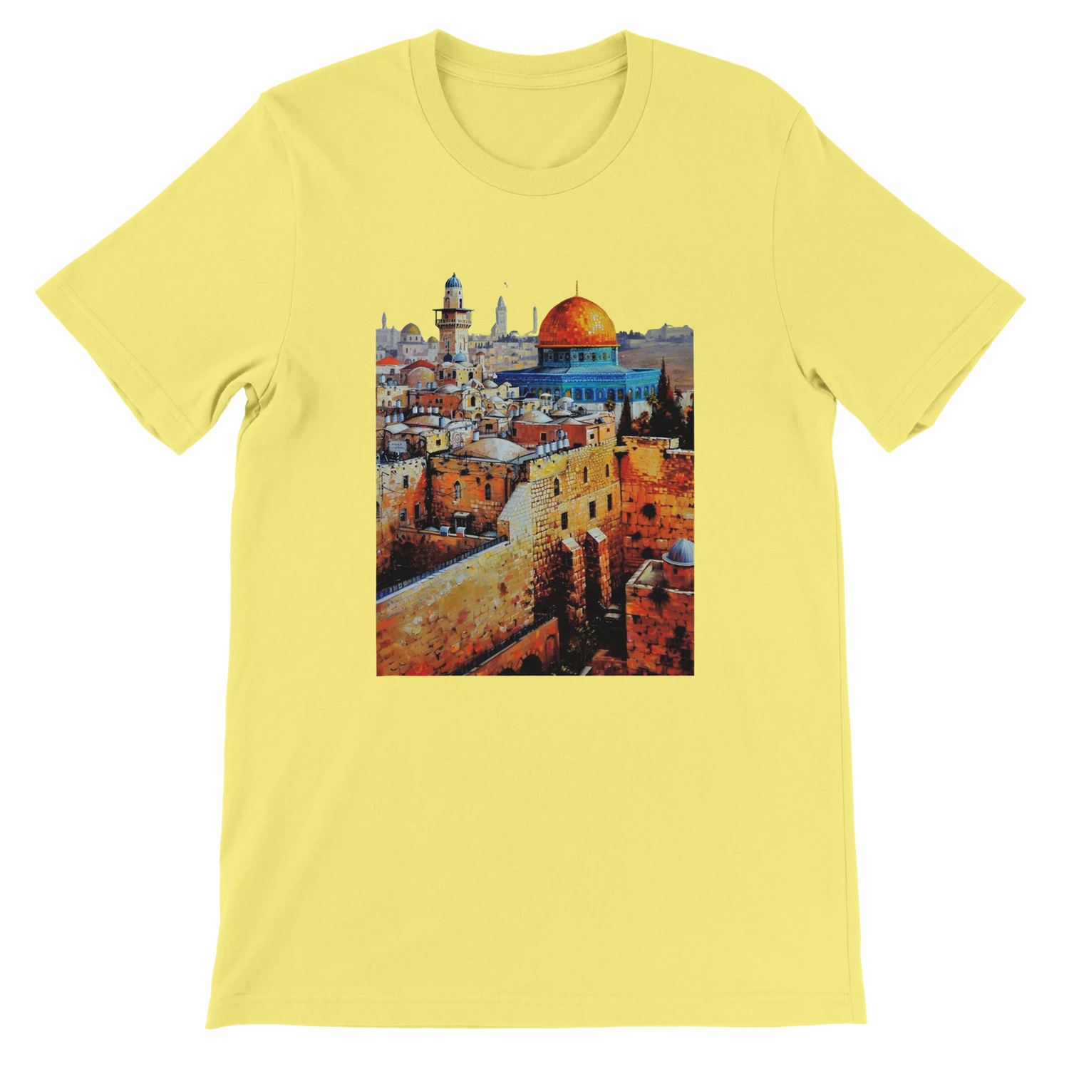 Yellow Al Aqsa Mosque animated style T-shirt with colorful landmark design printed on soft premium cotton. Stylish unisex travel tee perfect for Islamic art lovers modern street fashion and global culture apparel.