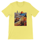 Yellow Al Aqsa Mosque animated style T-shirt with colorful landmark design printed on soft premium cotton. Stylish unisex travel tee perfect for Islamic art lovers modern street fashion and global culture apparel.