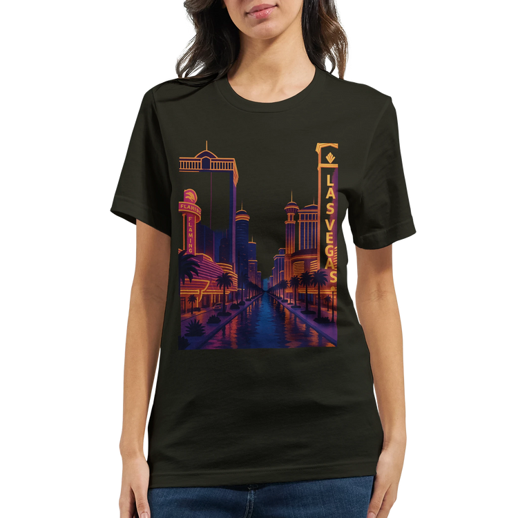 Travel inspired animated city t-shirt showcasing Las Vegas skyline perfect for vacation fashion urban street culture and modern casual wear.