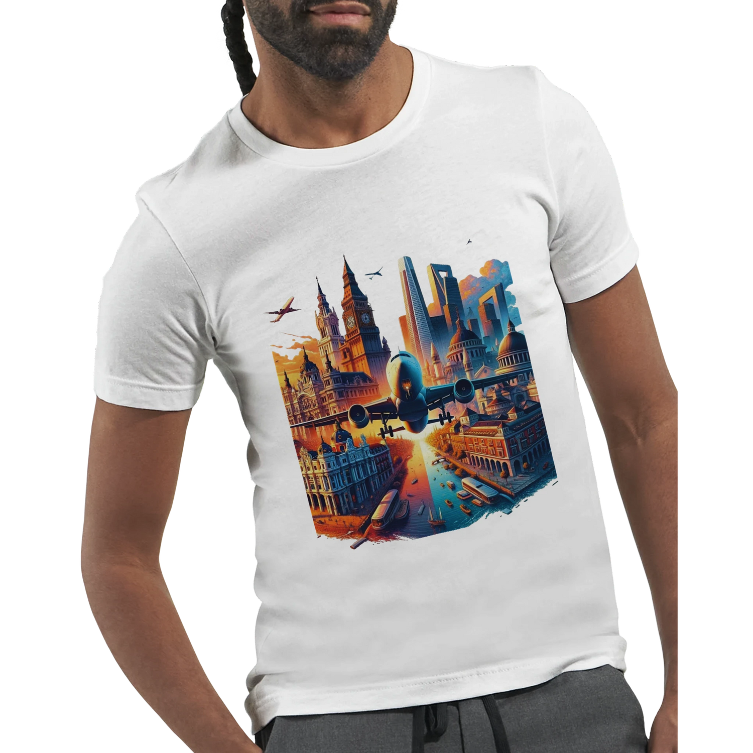 White unisex travel inspired streetwear t shirt with animated art of world famous landmarks including the Eiffel Tower pyramids and city skylines printed on premium soft cotton perfect for travelers culture lovers and modern urban fashion.