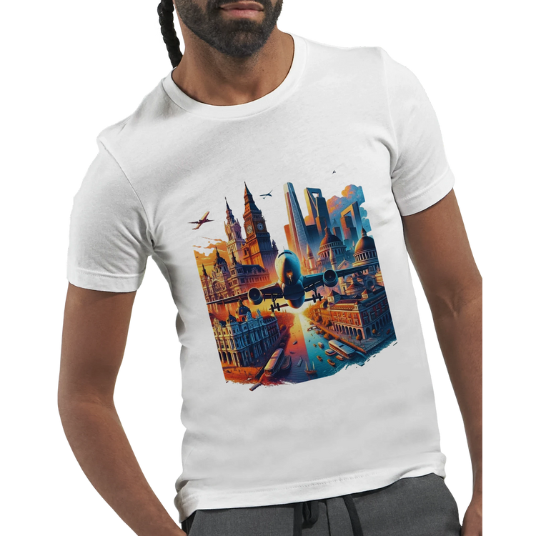 White unisex travel inspired streetwear t shirt with animated art of world famous landmarks including the Eiffel Tower pyramids and city skylines printed on premium soft cotton perfect for travelers culture lovers and modern urban fashion.