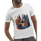 White unisex travel inspired streetwear t shirt with animated art of world famous landmarks including the Eiffel Tower pyramids and city skylines printed on premium soft cotton perfect for travelers culture lovers and modern urban fashion.