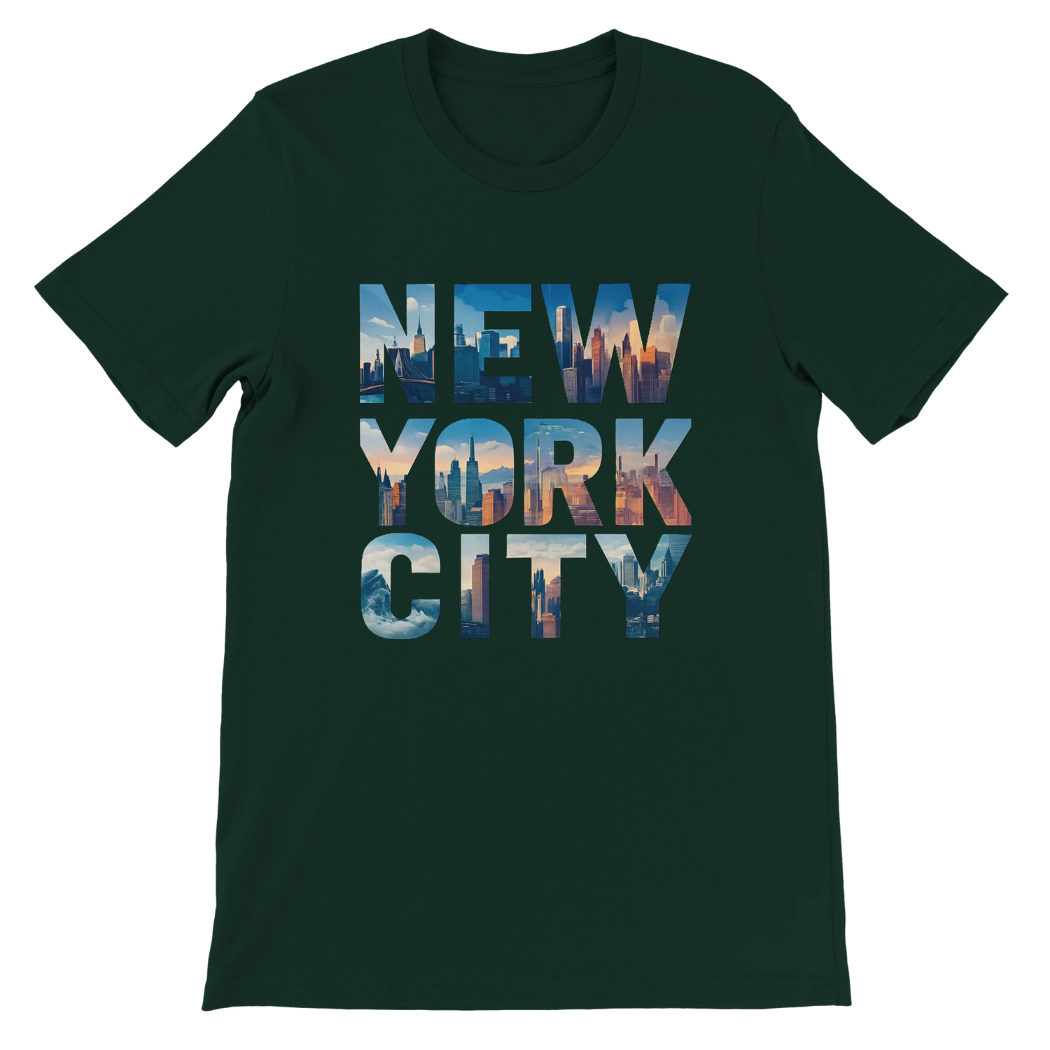 Forest green NYC skyline graphic t shirt animated lettering premium cotton comfortable unisex fit stylish streetwear for travel fans and New York lovers