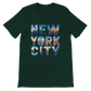 Forest green NYC skyline graphic t shirt animated lettering premium cotton comfortable unisex fit stylish streetwear for travel fans and New York lovers