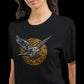 Modern Arabic calligraphy t-shirt with majestic falcon print on cotton.