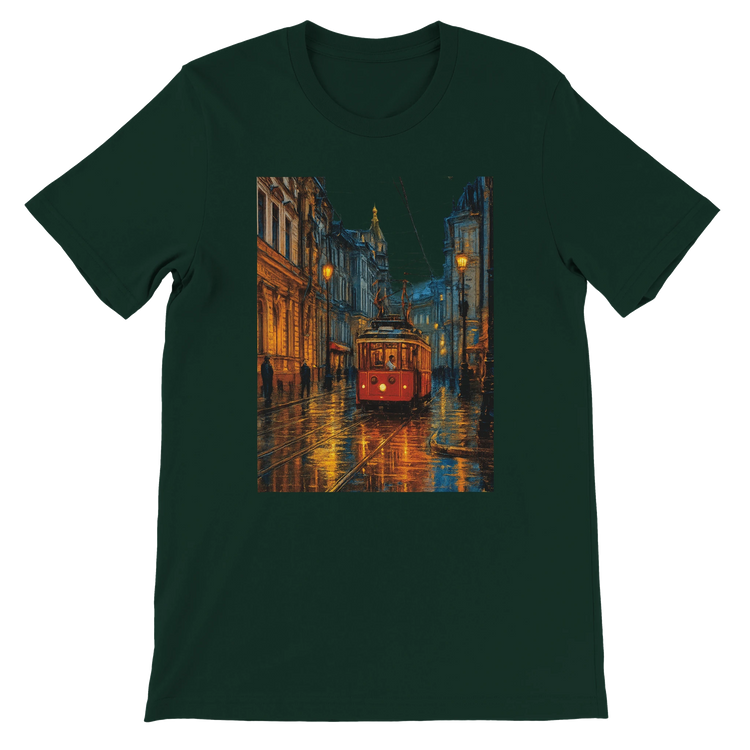 Forest green premium cotton t-shirt with animated Istanbul Taksim Street art perfect for streetwear fashion global landmark apparel lovers and travel inspired unisex clothing collections