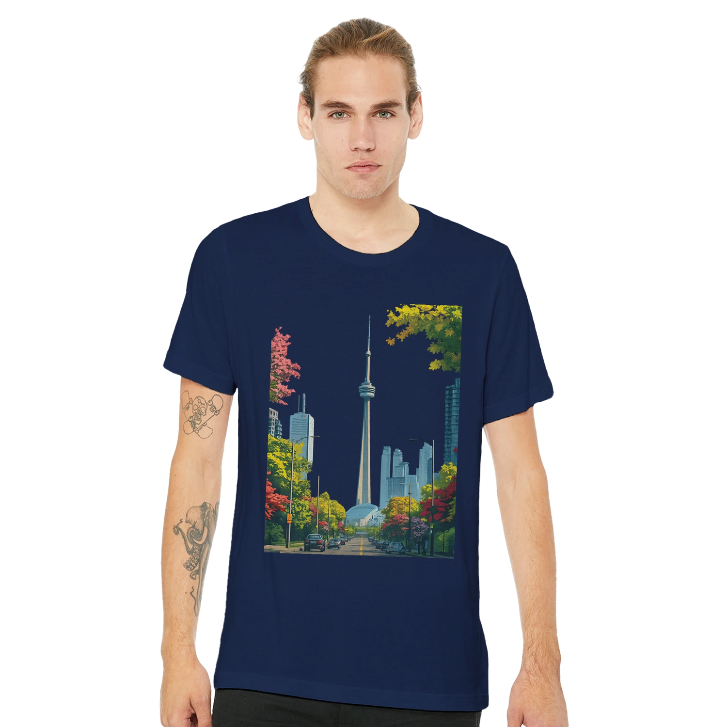 Artistic Toronto skyline t shirt with hand drawn animated CN Tower and vibrant landmark illustration printed on high quality eco friendly cotton ideal for graphic tee lovers and cityscape enthusiasts.