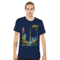 Artistic Toronto skyline t shirt with hand drawn animated CN Tower and vibrant landmark illustration printed on high quality eco friendly cotton ideal for graphic tee lovers and cityscape enthusiasts.