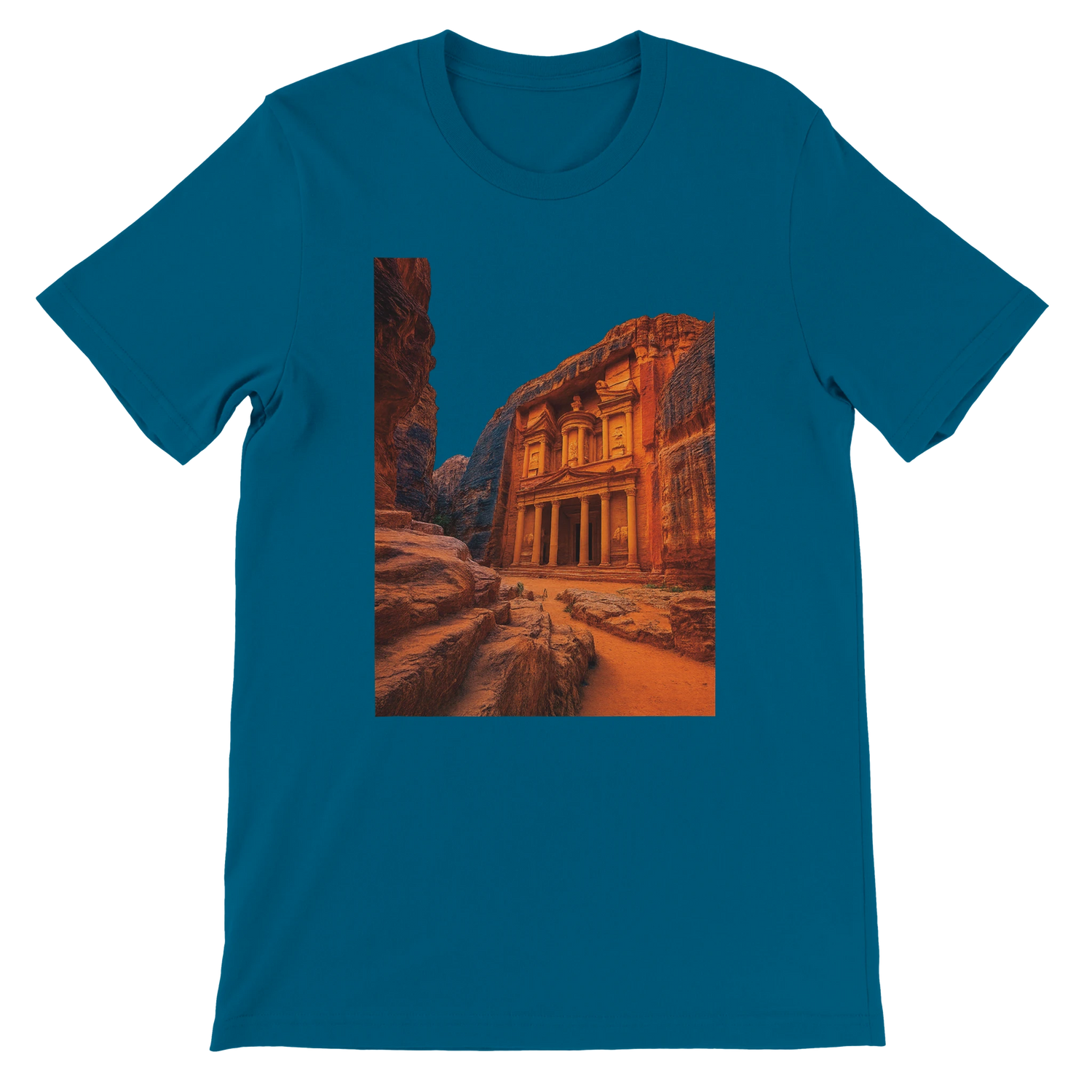 Deep teal Petra in Jordan animated style tee soft high quality cotton breathable fit colorful landmark illustration for travel lovers global explorers cultural fashion enthusiasts and streetwear collectors