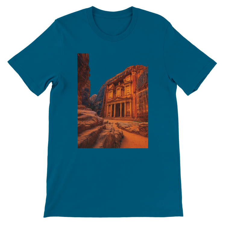 Deep teal Petra in Jordan animated style tee soft high quality cotton breathable fit colorful landmark illustration for travel lovers global explorers cultural fashion enthusiasts and streetwear collectors
