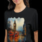 Close up of woman wearing a black London streetwear t-shirt featuring Big Ben and red double decker bus design.