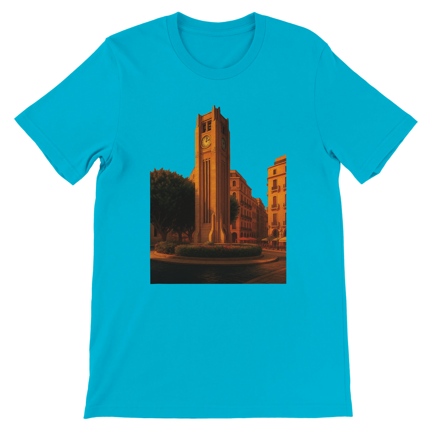 Turquoise Solidere Square Beirut animated style t-shirt crafted from soft premium cotton with colorful DTG print for stylish streetwear travel inspired looks and unique city themed outfits