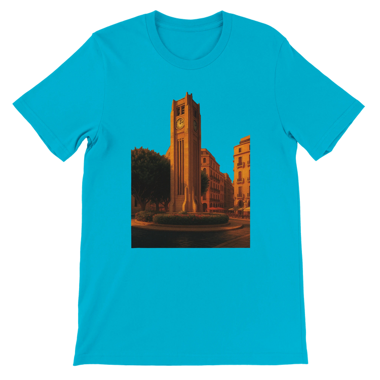 Turquoise Solidere Square Beirut animated style t-shirt crafted from soft premium cotton with colorful DTG print for stylish streetwear travel inspired looks and unique city themed outfits