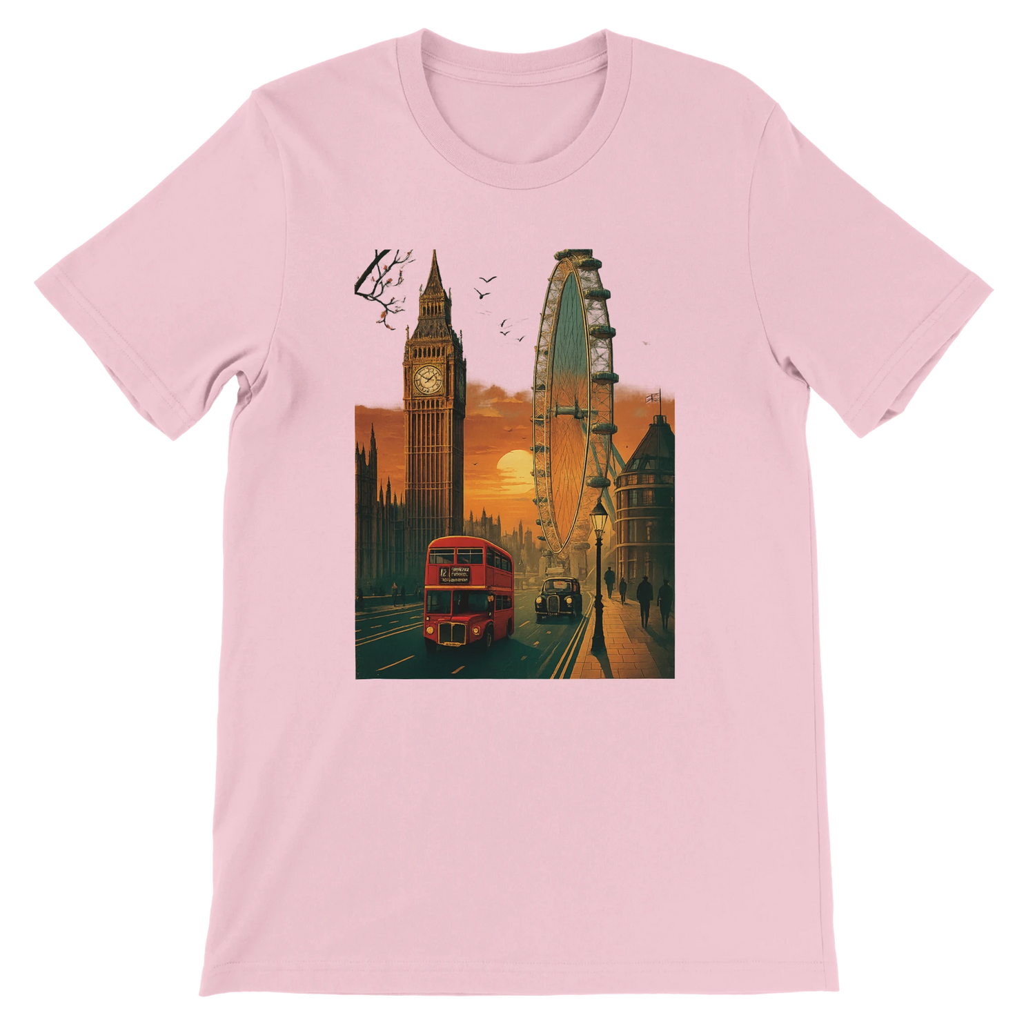 Pink London City Animated Style travel T-shirt with bold cartoon style London landmarks printed on premium cotton unisex tee ideal for streetwear fashion lovers and those who want a unique animated skyline shirt