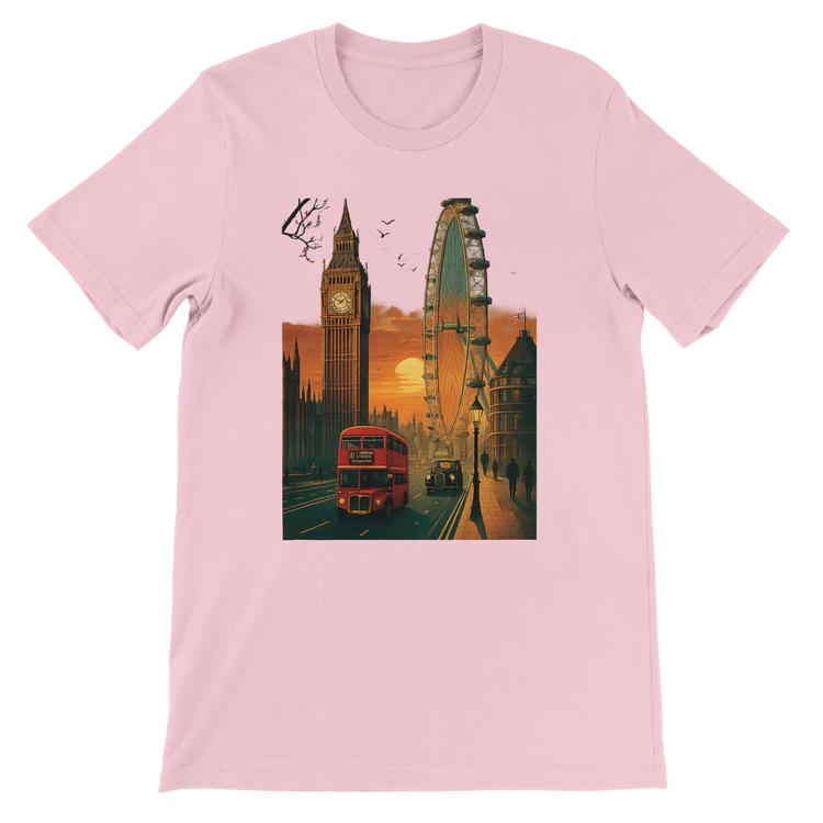 Pink London City Animated Style travel T-shirt with bold cartoon style London landmarks printed on premium cotton unisex tee ideal for streetwear fashion lovers and those who want a unique animated skyline shirt