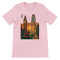 Pink London City Animated Style travel T-shirt with bold cartoon style London landmarks printed on premium cotton unisex tee ideal for streetwear fashion lovers and those who want a unique animated skyline shirt