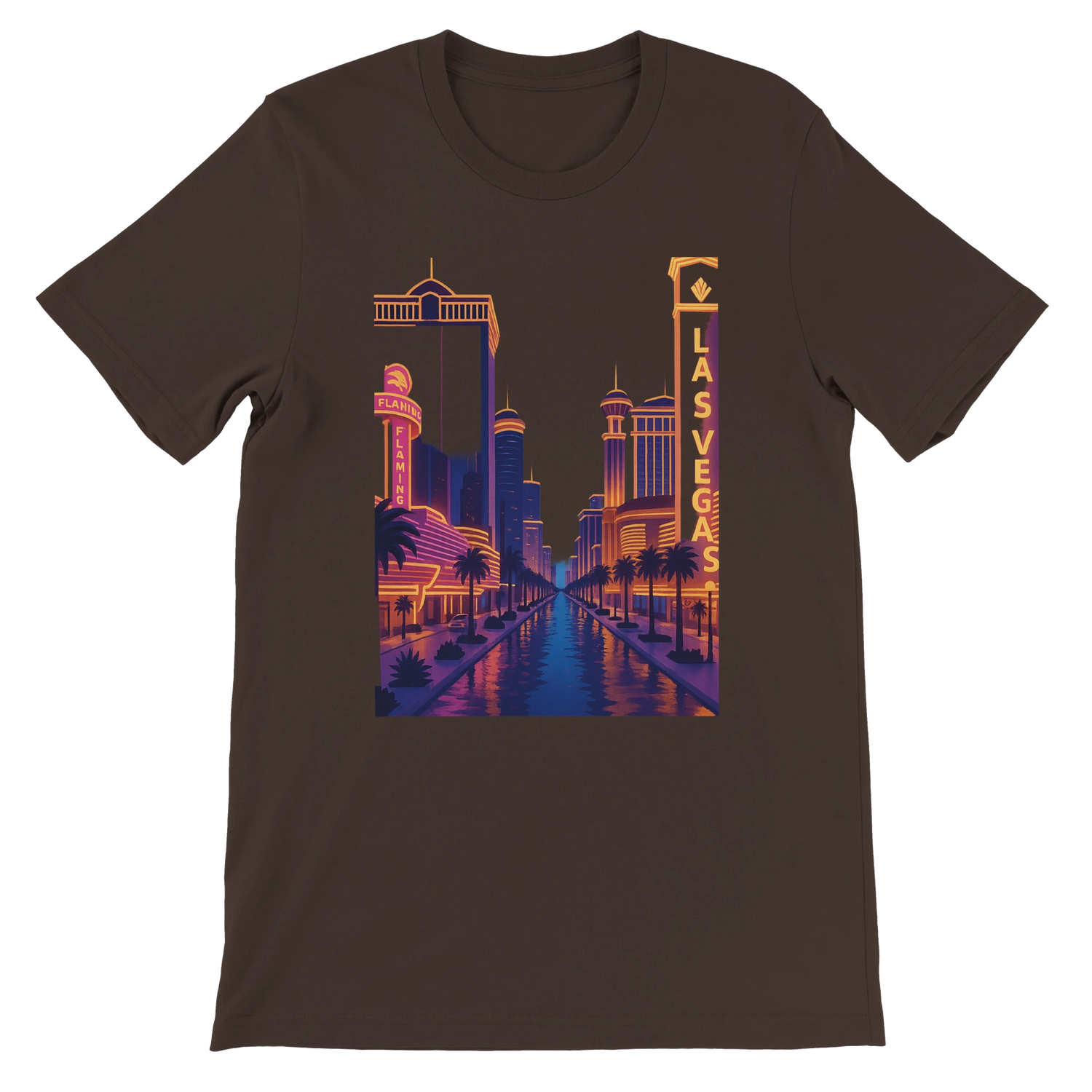 Brown Las Vegas City Animated Style graphic t-shirt featuring bold cartoon-style artwork of Las Vegas landmarks. Soft comfortable cotton shirt for wanderlust lovers and modern city street style.