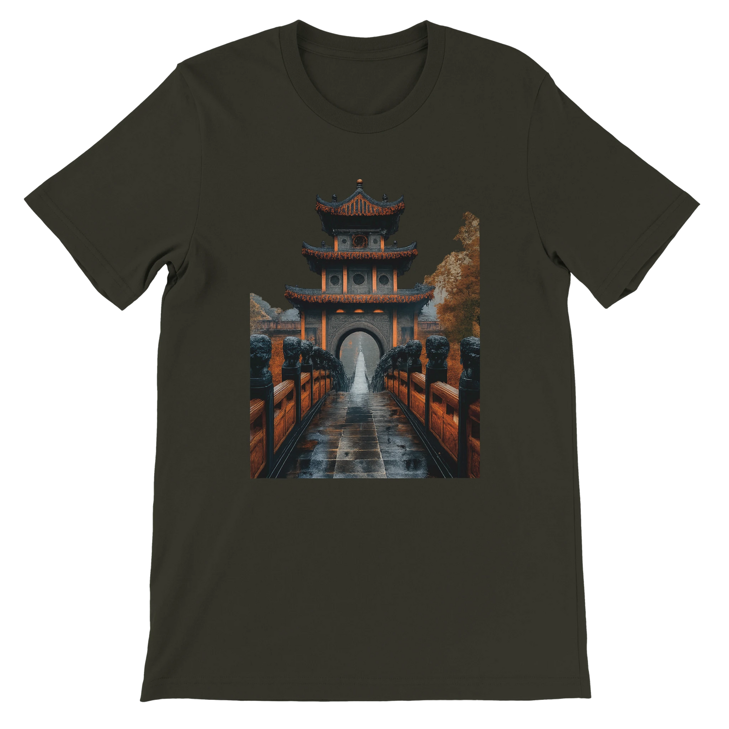 Dark olive green Ancient Chinese Mega Bridge animated style graphic t-shirt showcasing detailed Asian landmark artwork DTG printed on soft eco friendly cotton perfect for world culture enthusiasts global streetwear lovers and casual fashion