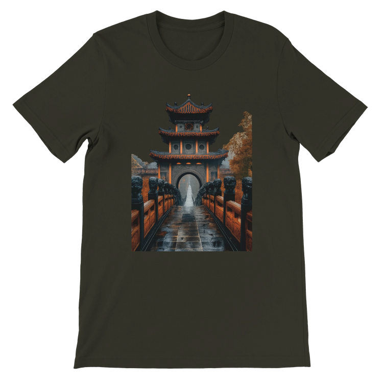Dark olive green Ancient Chinese Mega Bridge animated style graphic t-shirt showcasing detailed Asian landmark artwork DTG printed on soft eco friendly cotton perfect for world culture enthusiasts global streetwear lovers and casual fashion