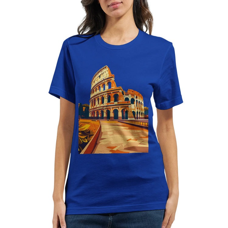 World Heritage Site graphic t-shirt with artistic Rome Colosseum print designed for history enthusiasts, global travelers and sustainable streetwear collectors. Lightweight breathable cotton for everyday comfort.