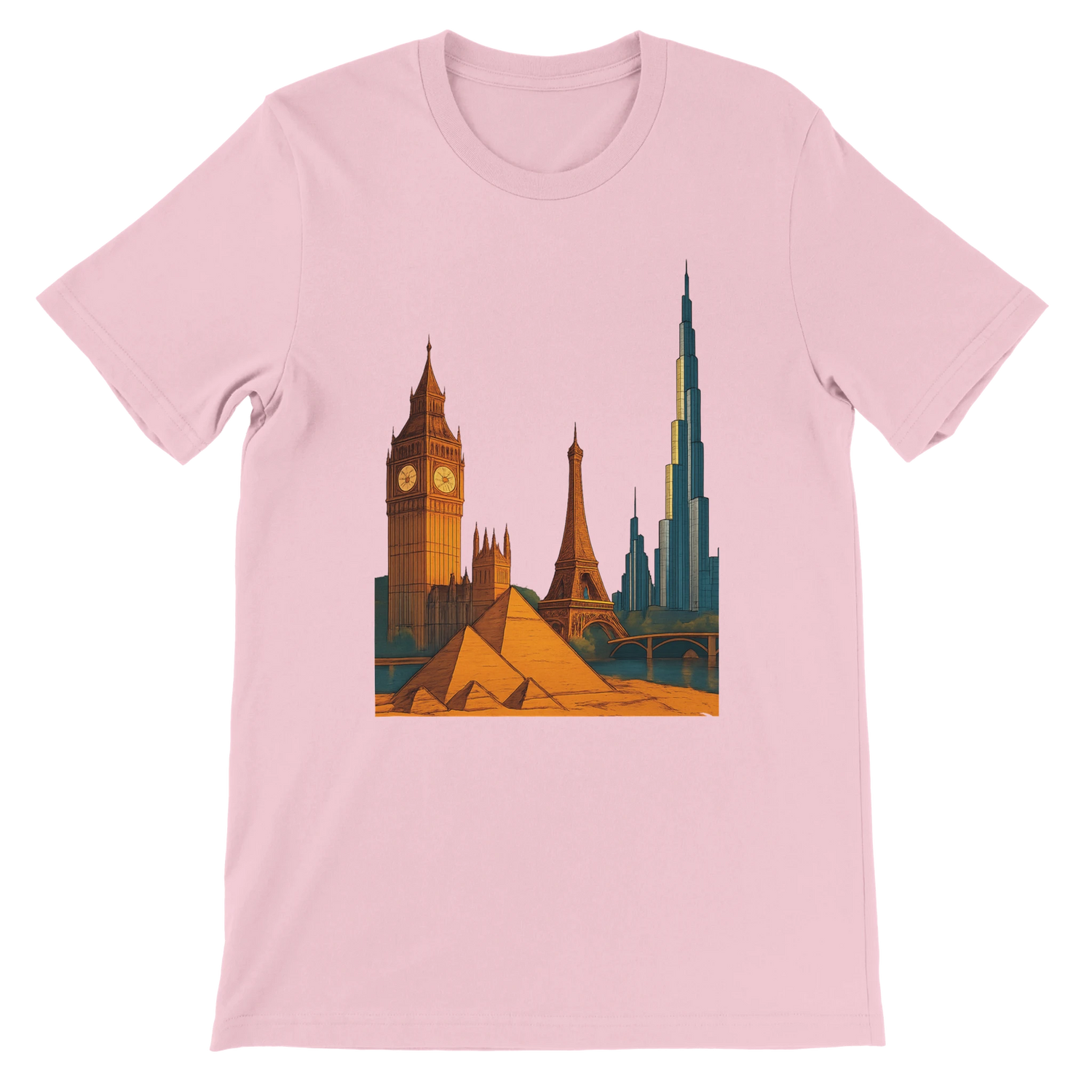 Pink City Landmarks Animated T Shirt showcasing detailed animated graphics of famous city skylines and tourist attractions from around the world. Perfect soft cotton unisex graphic tee for architecture enthusiasts travel addicts and streetwear lovers seeking a bold colorful fashion statement.