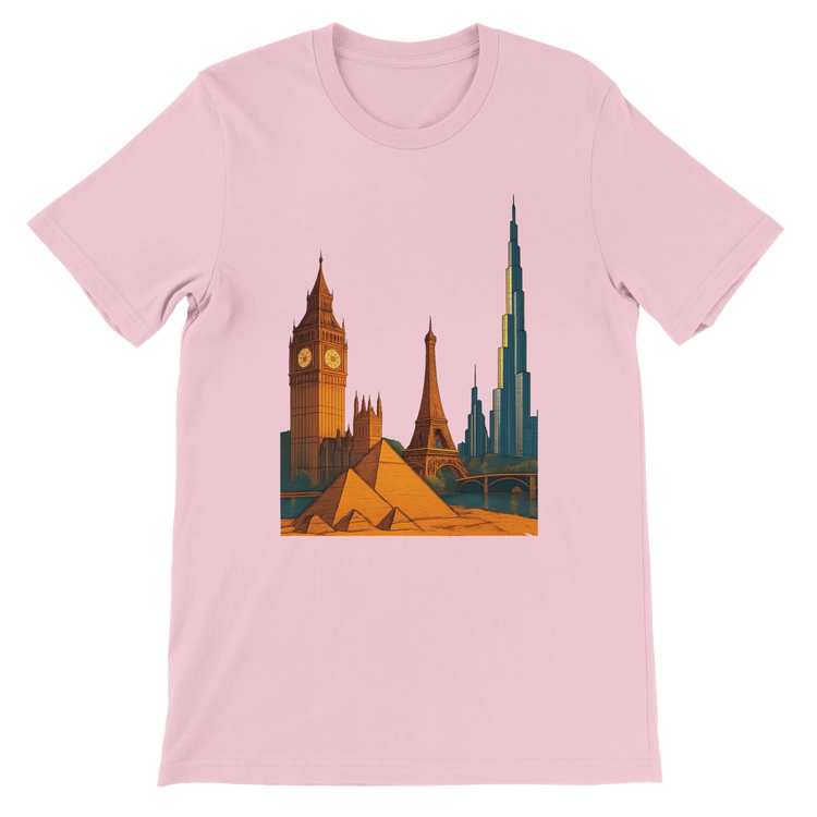 Pink City Landmarks Animated T Shirt showcasing detailed animated graphics of famous city skylines and tourist attractions from around the world. Perfect soft cotton unisex graphic tee for architecture enthusiasts travel addicts and streetwear lovers seeking a bold colorful fashion statement.
