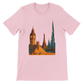 Pink City Landmarks Animated T Shirt showcasing detailed animated graphics of famous city skylines and tourist attractions from around the world. Perfect soft cotton unisex graphic tee for architecture enthusiasts travel addicts and streetwear lovers seeking a bold colorful fashion statement.
