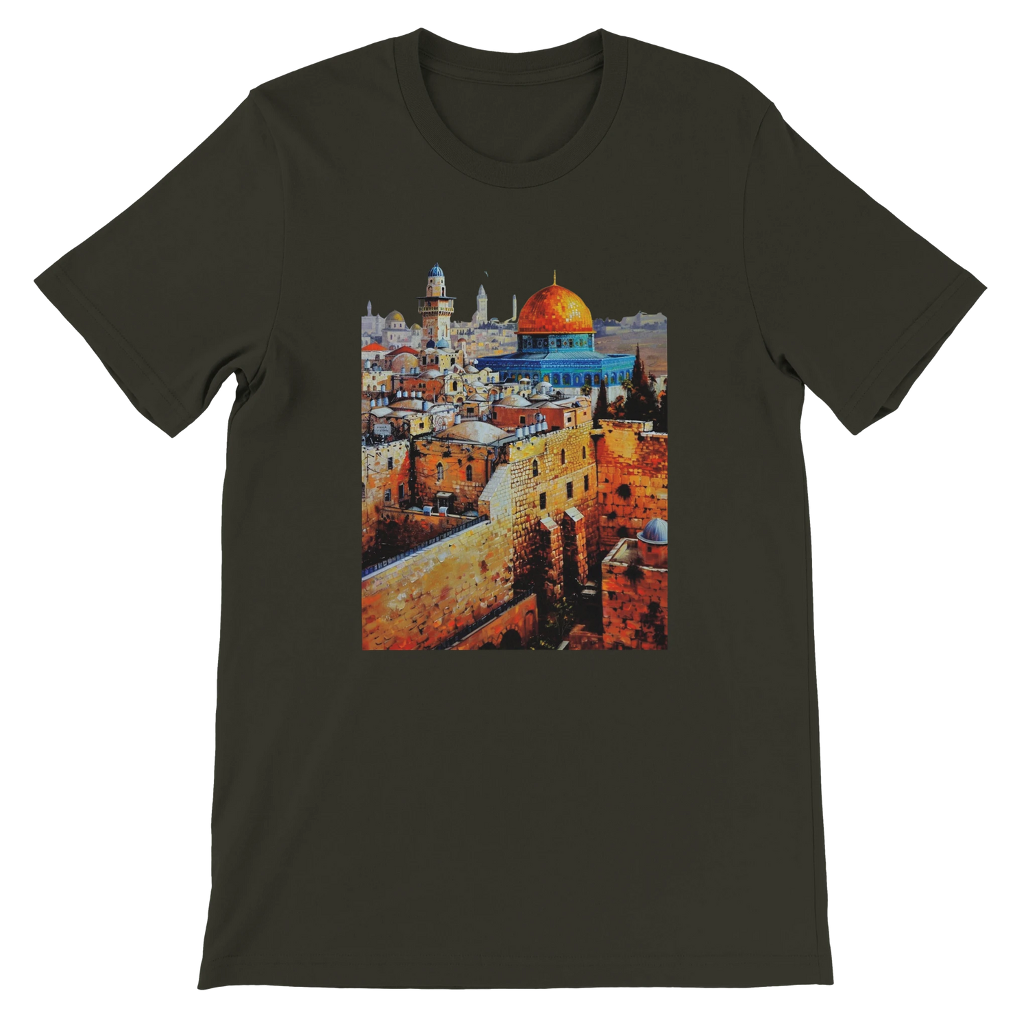 Dark olive Al Aqsa Mosque animated landmark T-shirt made with eco friendly premium cotton. Cultural heritage inspired unisex tee for Islamic art fans streetwear lovers and world travelers.