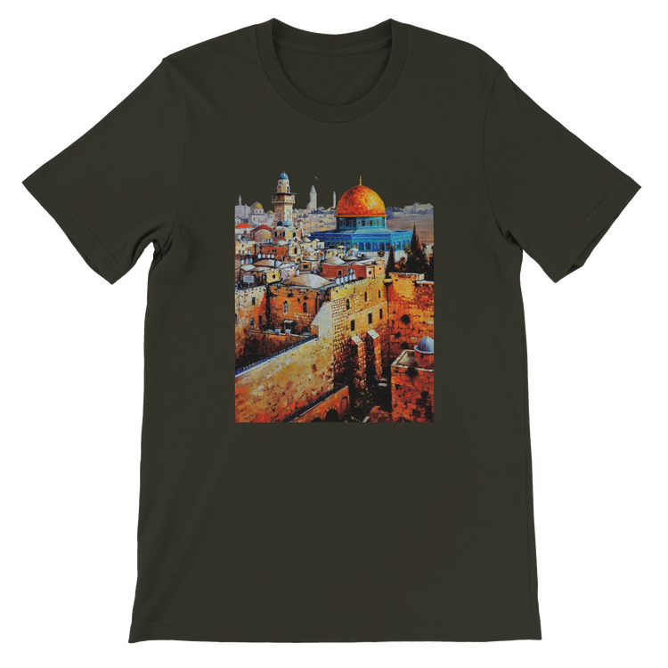 Dark olive Al Aqsa Mosque animated landmark T-shirt made with eco friendly premium cotton. Cultural heritage inspired unisex tee for Islamic art fans streetwear lovers and world travelers.