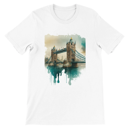 White Tower Bridge London t-shirt with animated city graphic print – premium unisex streetwear tee made from 100 percent Airlume cotton, perfect for DTG printing. Eco-friendly travel fashion inspired by global landmarks and urban culture.