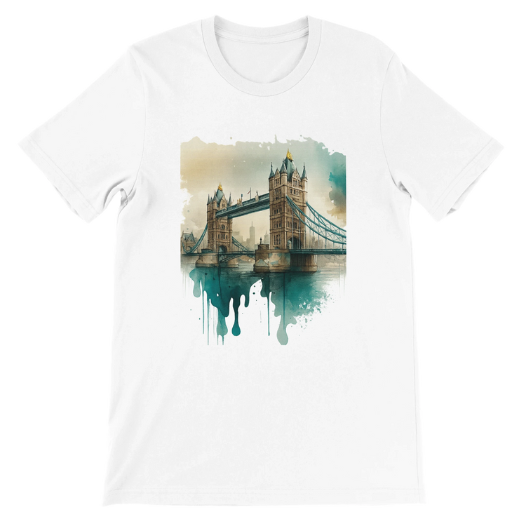 White Tower Bridge London t-shirt with animated city graphic print – premium unisex streetwear tee made from 100 percent Airlume cotton, perfect for DTG printing. Eco-friendly travel fashion inspired by global landmarks and urban culture.