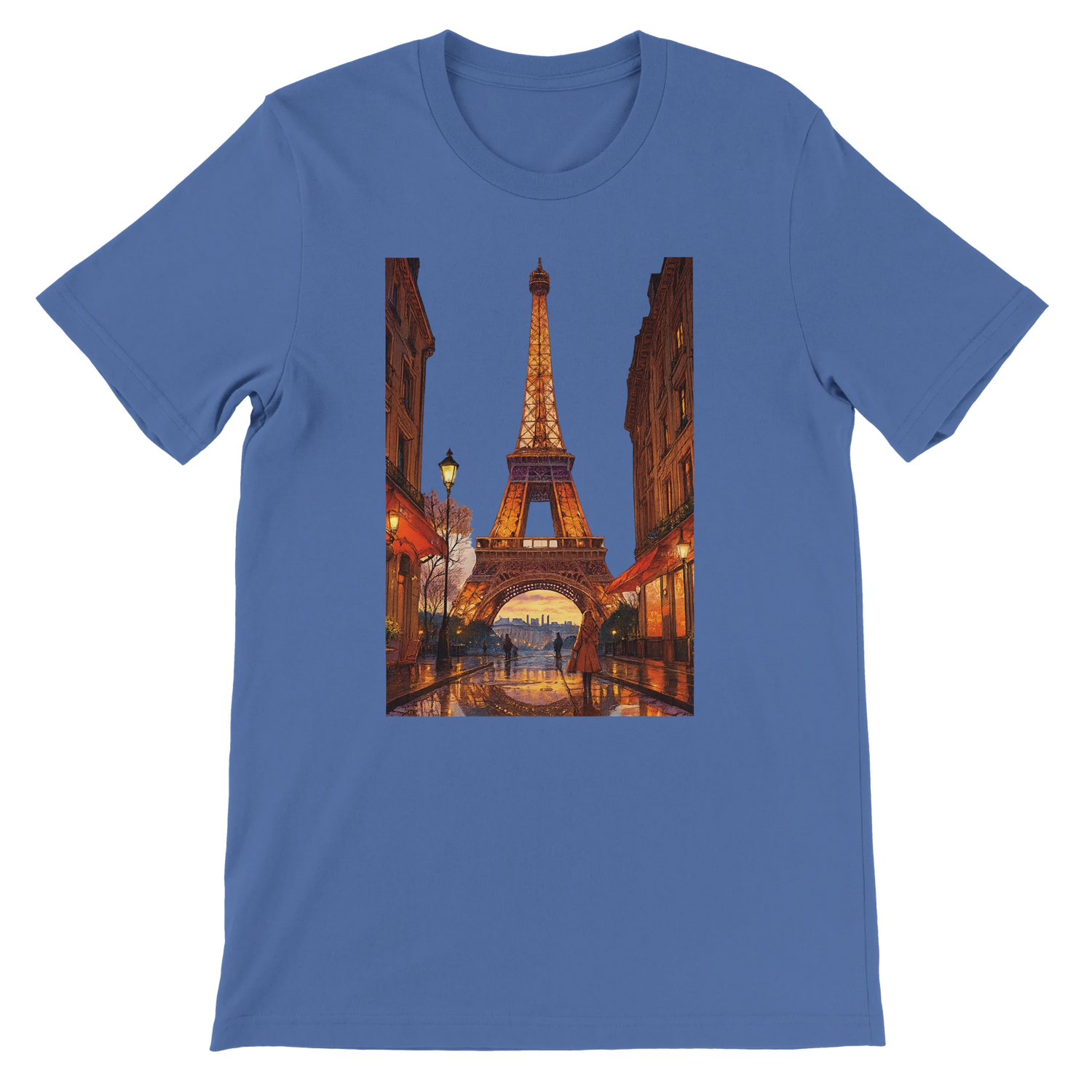 Columbia blue t-shirt featuring vibrant animated Eiffel Tower Paris artwork in modern travel street style premium breathable cotton unisex fit eco friendly production perfect for print on demand lovers and global culture streetwear